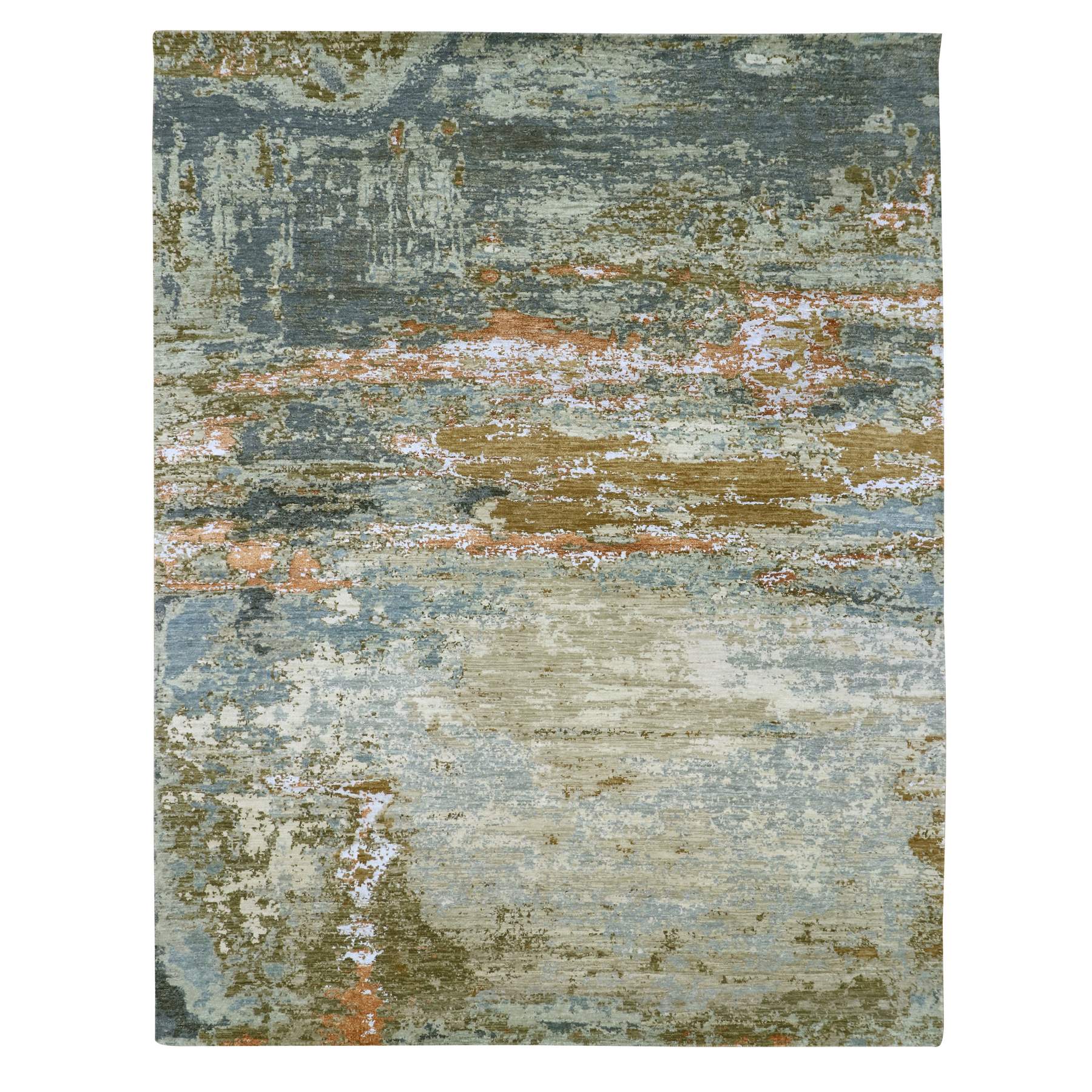 Laurel Green with Aegean Blue, Persian Knot, Abstract with Galaxy Design, Densely Woven, Pure Wool, Hand Knotted, Oriental Rug